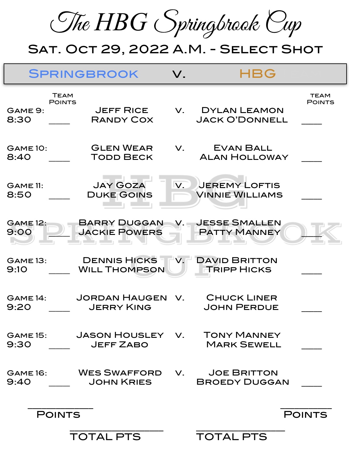 HBG Springbrook Cup Friday Pairings