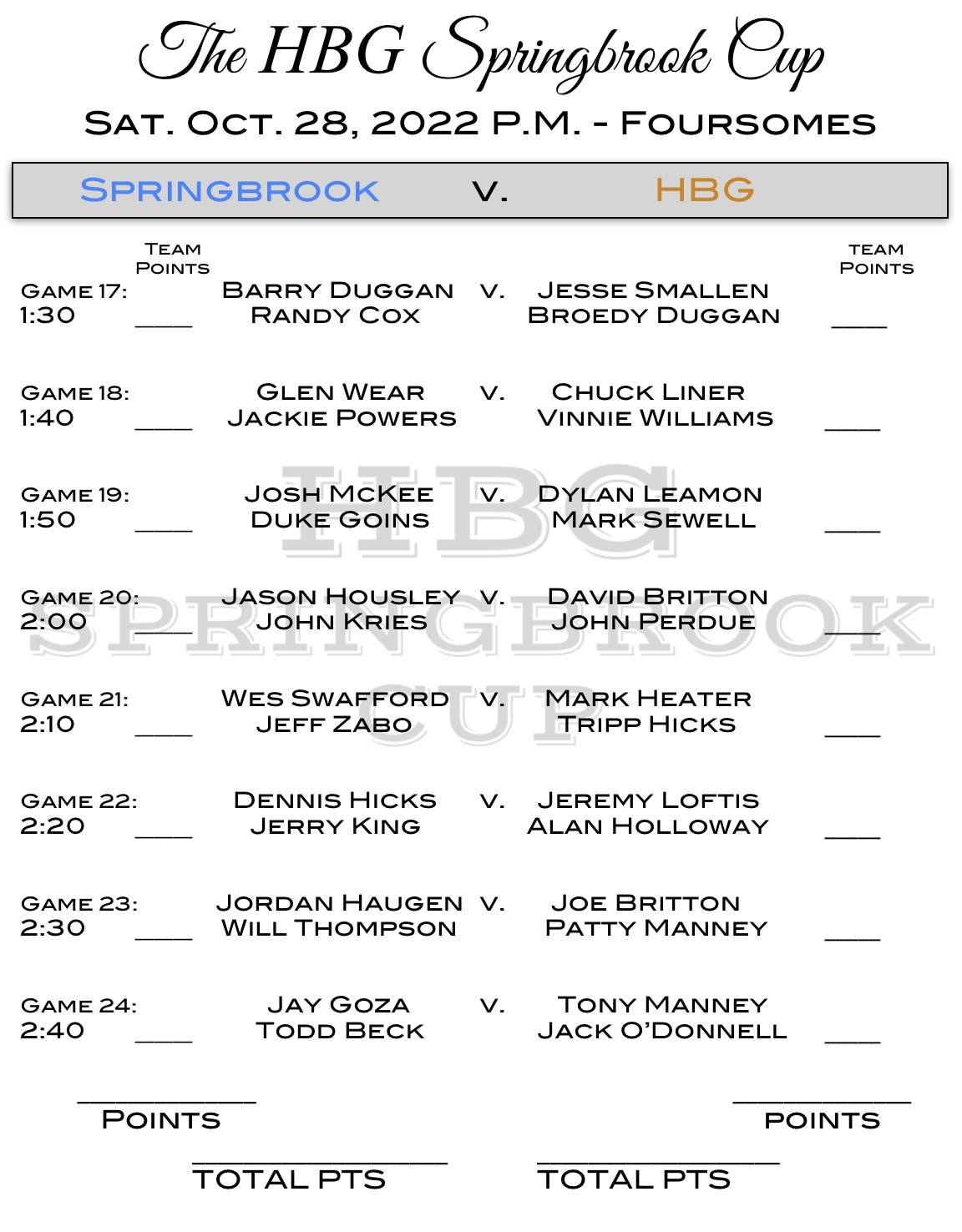 HBG Springbrook Cup Sat AM Pairings