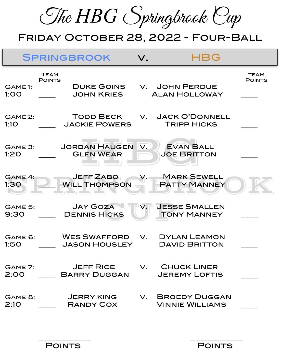 HBG Springbrook Cup Sat PM Pairings