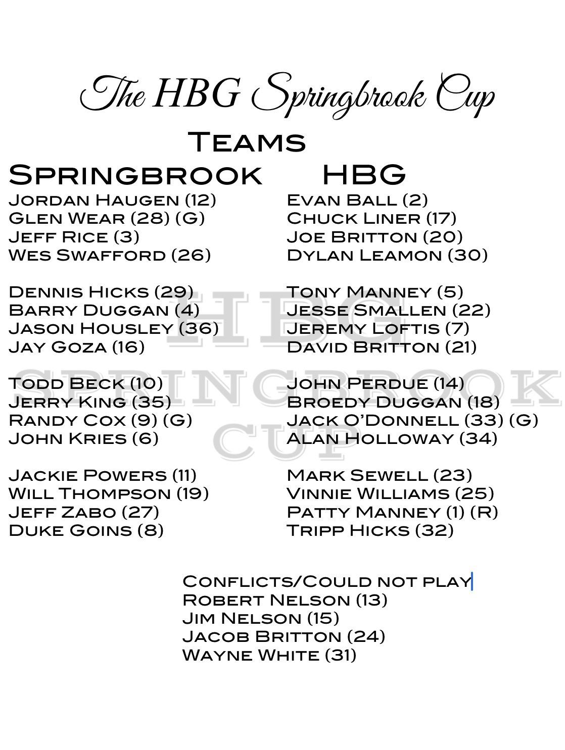 HBG Springbrook Cup Teams